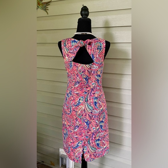 TALBOTS pink salmon Bonaire Paisley Sleeveless Sheath Dress sz 4P open back EUC - Picture 5 of 15